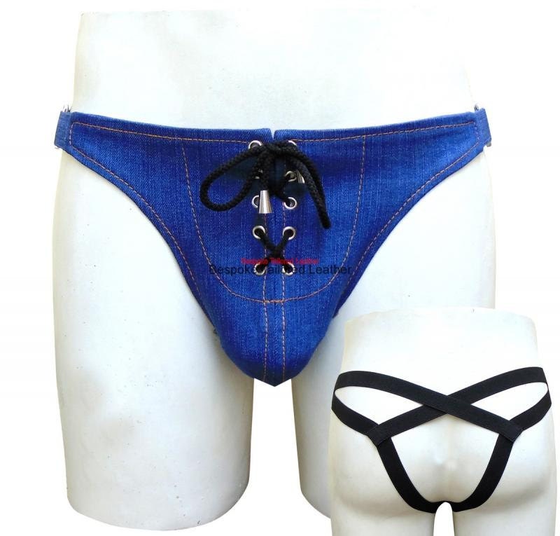 Image of Denim Fabric Jockstrap With Front Lace Custom Made To Order Jo-015