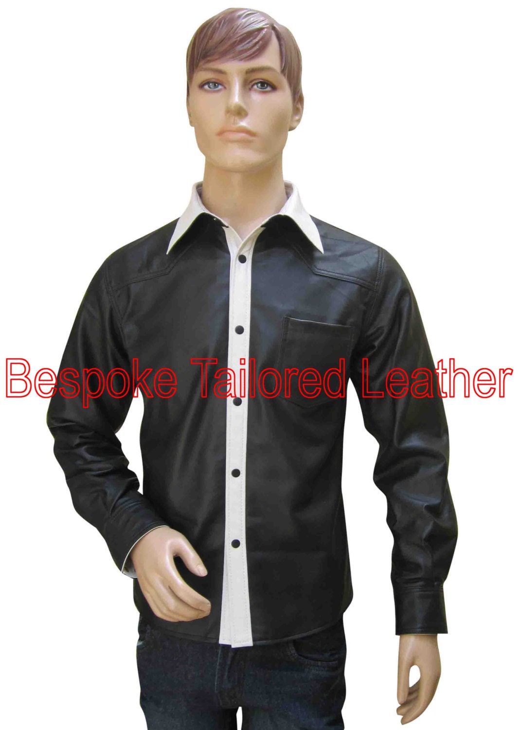 Image of Bespoke Tailored Leather Shirt in Black Two Tone Real Sheep Nappa Custom Made To Order Bsh004