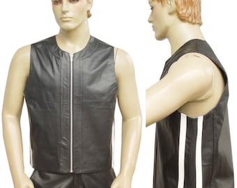 Real Leather Vest with White side Stripes BVAN006