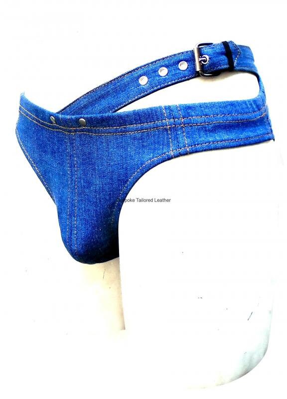 Image of Bespoke Tailored Leather Men's Denim Brief With Side Buckle Custom Made To Order