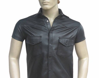 Leather Short Sleeves Shirt - Sheep Nappa - Custom Made To Order BSH201