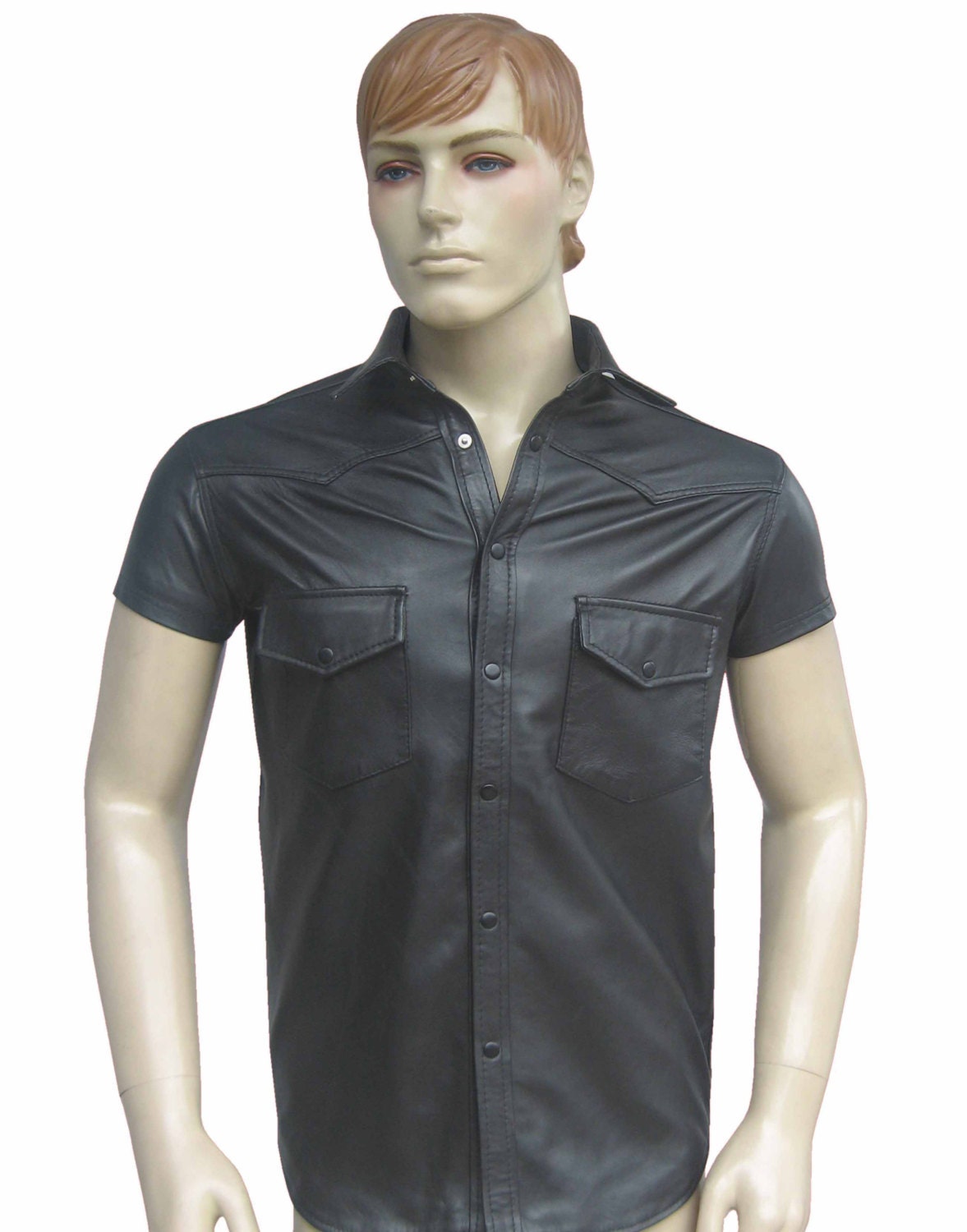 Image of Leather Short Sleeves Shirt - Sheep Nappa Custom Made To Order Bsh201