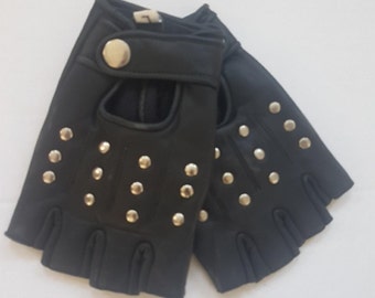 Real Leather Finger less GLOVES in BLACK/WHITE with Studs