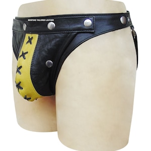 BLACK Leather Jocks/Straps With Metal Stud Yellow POUCH Stripe in the Middle To Order JO-063 image 2