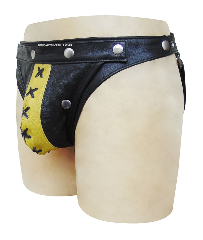 BLACK Leather Jocks/Straps With Metal Stud Yellow POUCH Stripe in the Middle To Order JO-063 image 2