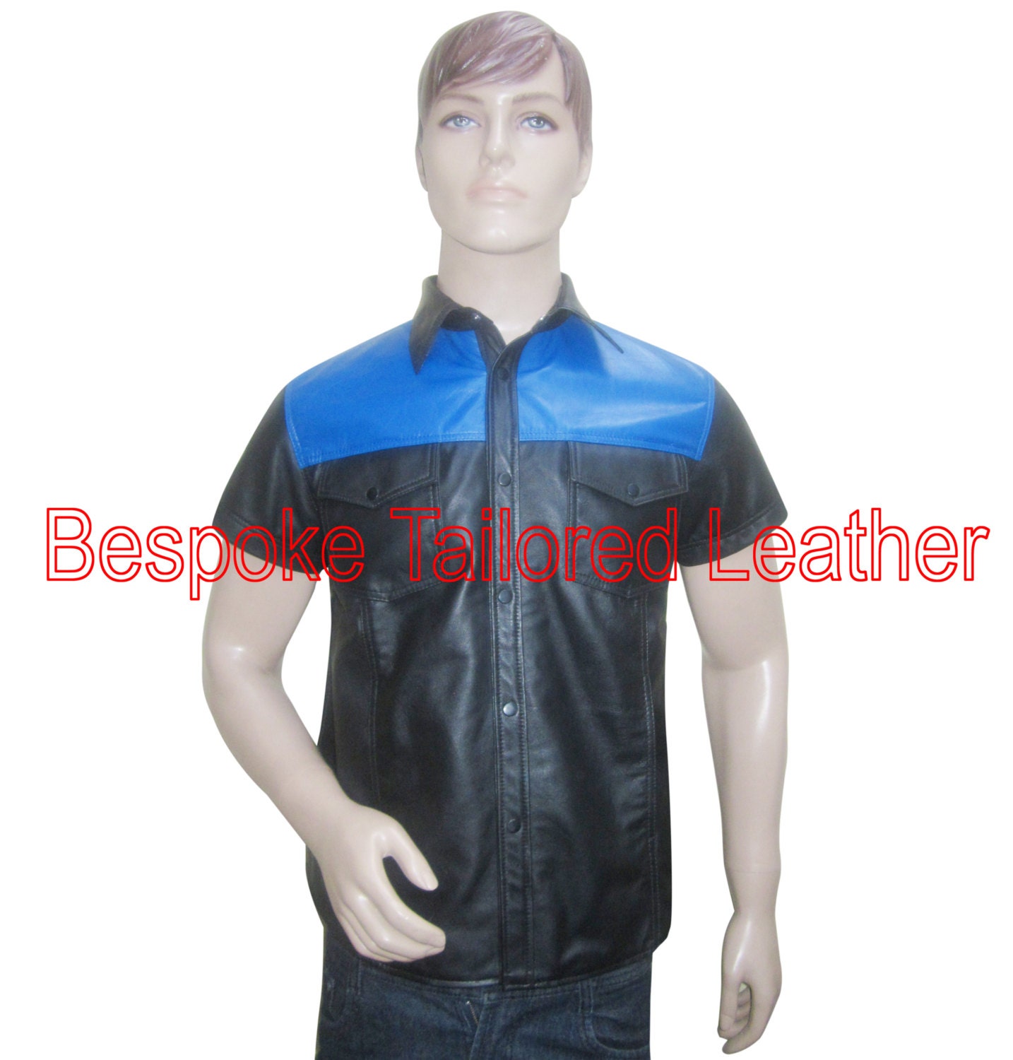 Image of Leather Shirt in Sheep Nappa Black & Blue Bsh013