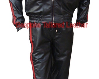 Real Leather Track Suit  with Hood in Black with 2 Red Stripes with  Lace at the Bottom ( Made to Order)  MTS003