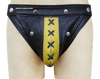 BLACK Leather Jocks/Straps  With Metal Stud  Yellow  POUCH  Stripe in the Middle  To Order JO-063