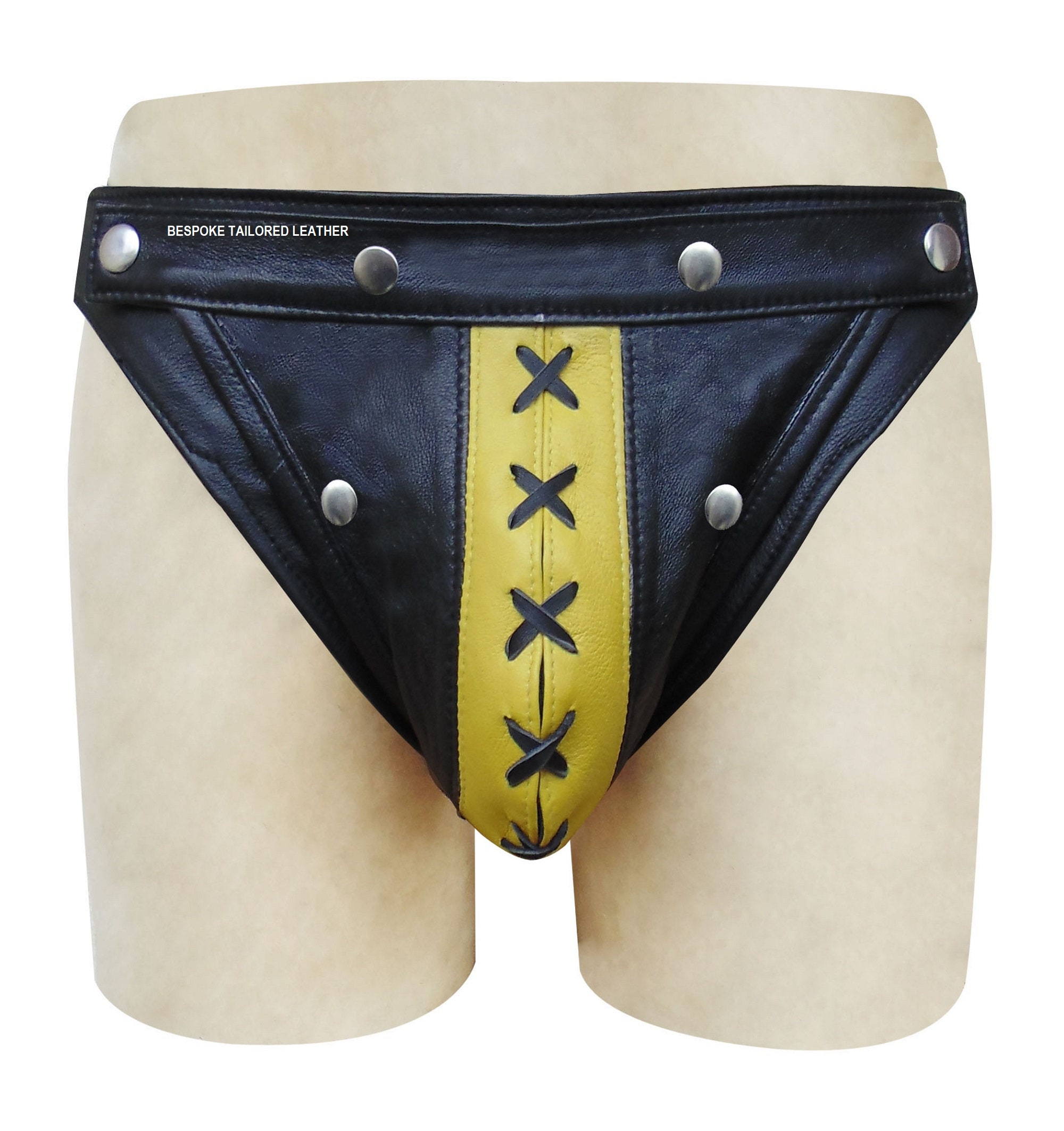 Image of Black Leather Jocks/Straps With Metal Stud Yellow Pouch Stripe in The Middle To Order Jo-063