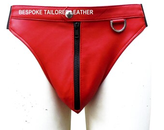 Leather Briefs With Front Zipper (Custom Made To Order) BTLN006 IN RED