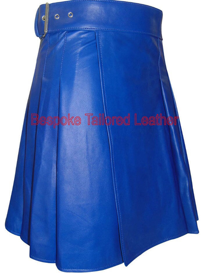 Image of Leather Kilt With Buckle Knee Length - in Blue Bkln001