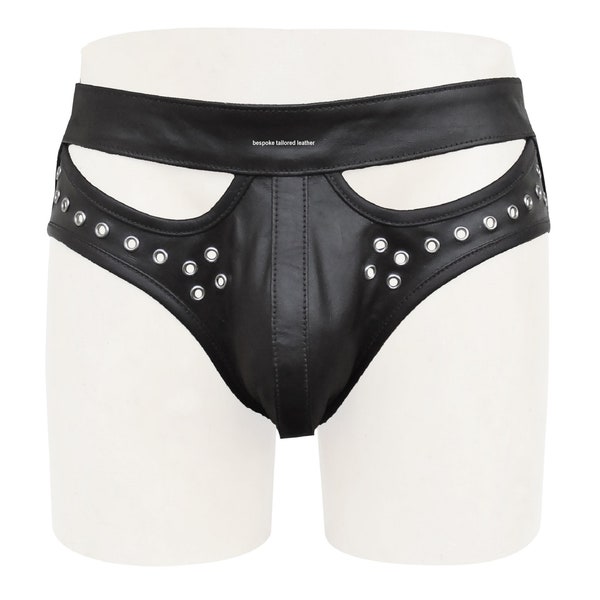 Jockstrap classique homme en cuir noir uni avec petit motif rond