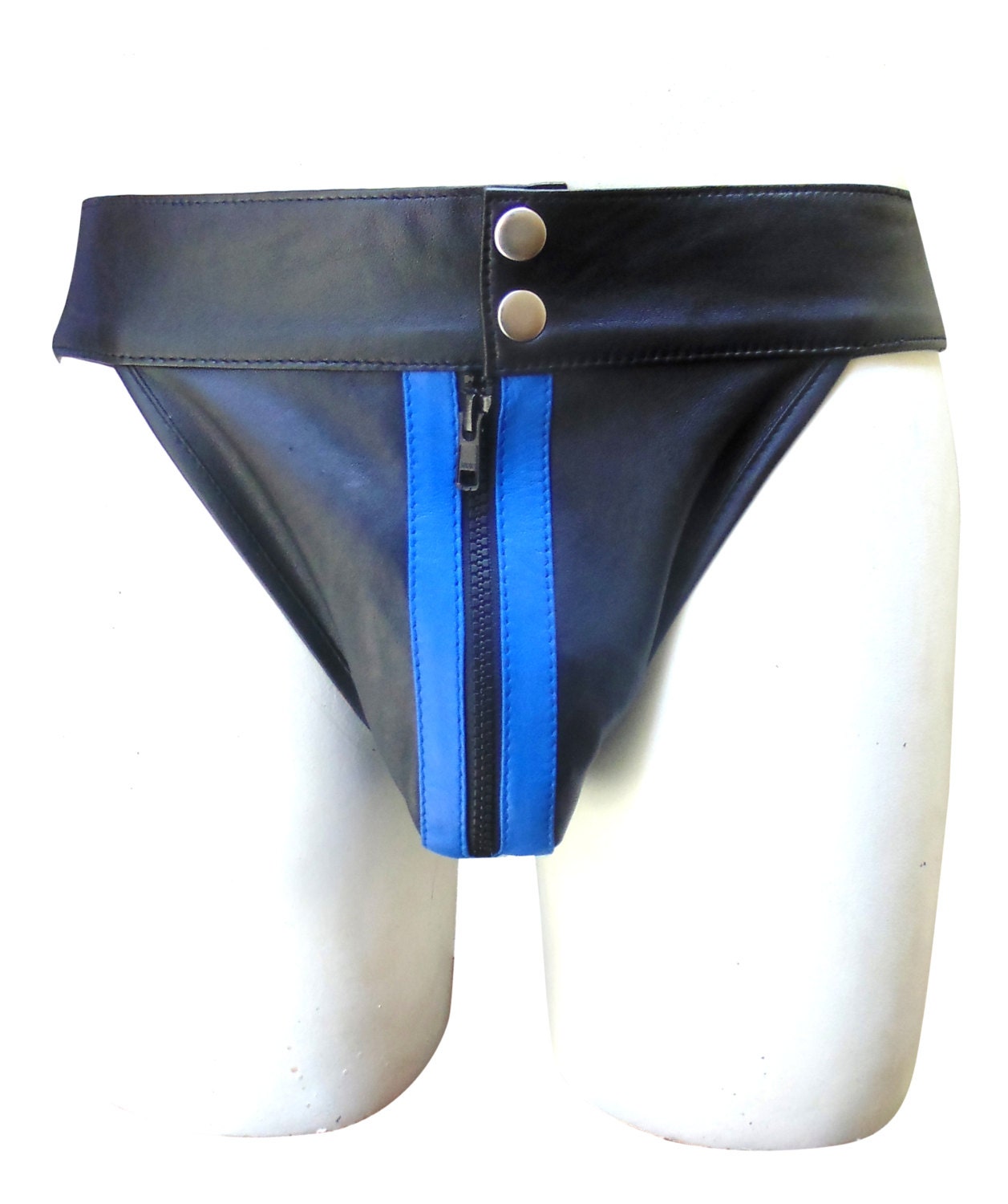 Image of Bespoke Tailored Leather Men's Jockstrap in Black With Colour Stripe Custom Made