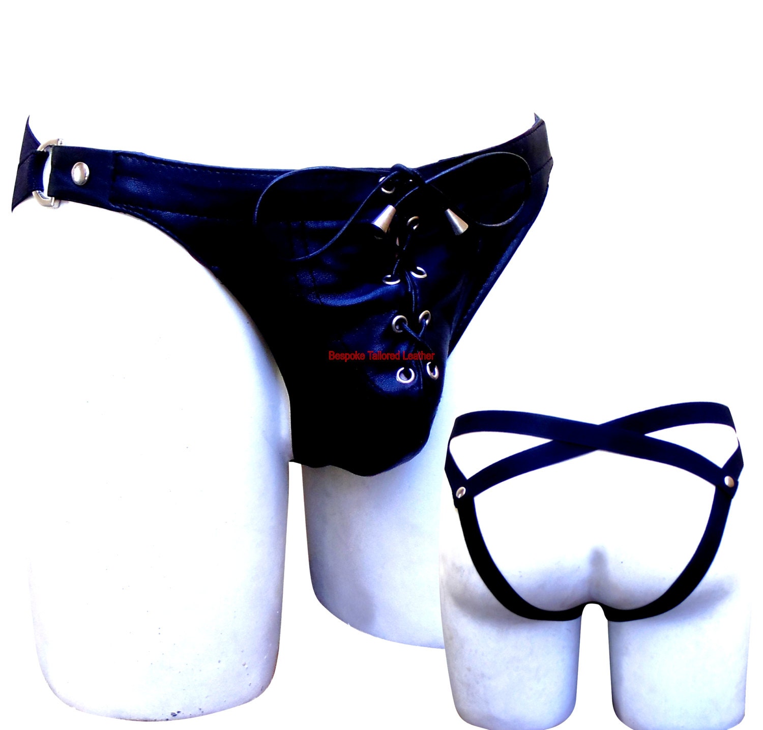 Image of Black Leather Jockstrap With Front Lace Custom Made To Order Jo-014