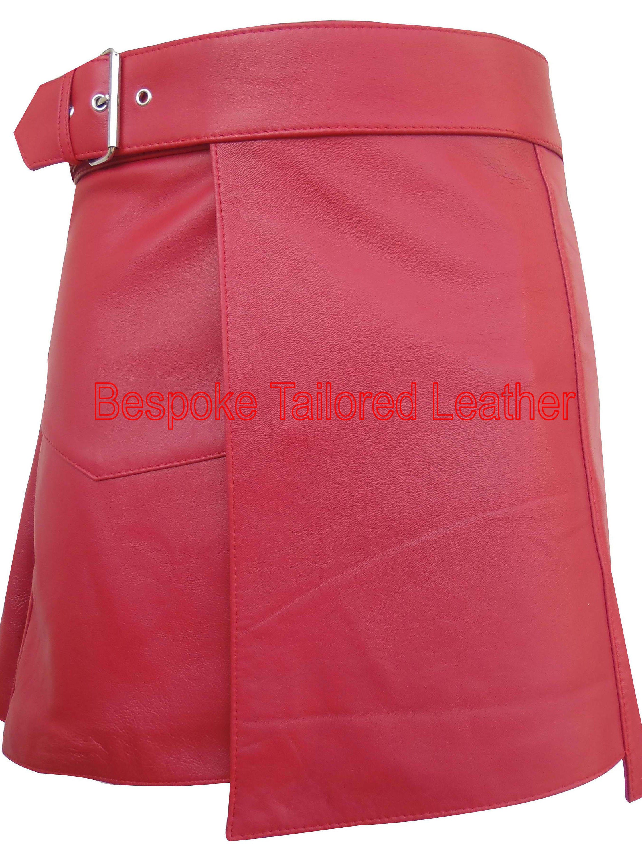 Image of Bespoke Tailored Leather Kilt With Buckle - in Red Bkin001