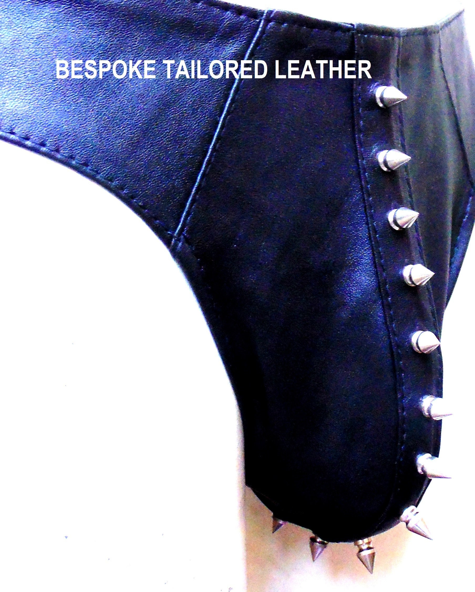 Image of Black Leather Jocks/Thong With Metal Stud Custom Made To Order Btln005