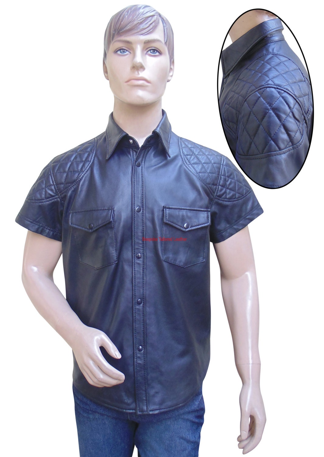 Image of Leather Shirt With Qulting Design - Sheep Nappa Custom Made To Order Bsh015