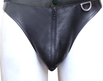 Men's Leather Jockstrap With Front Button  & D ring Only  Custom Made To Order  BTLN015-B with 2 Buttons