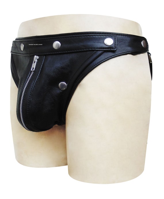 Bespoke Tailored Leather Jockstrap With Colour Black ZIP at Front and Studs  JO-062 