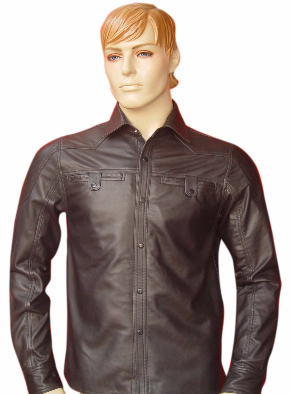 Image of Bespoke Tailored Men's Leather Shirt in Brown Jacket Style - Sheep Nappa -In Size 42