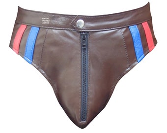 Men's Leather BRIEFS  With Brown, Blue and Red Stripes JO-067 Custom made to order, Plus sizes welcome