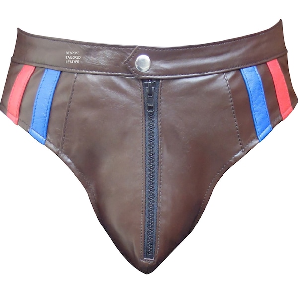 Men's Leather BRIEFS  With Brown, Blue and Red Stripes JO-067 Custom made to order, Plus sizes welcome