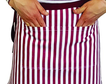 Unisex Bespoke Tailored Canvas Half Length Pink and White Stripes down for Ladies Apron