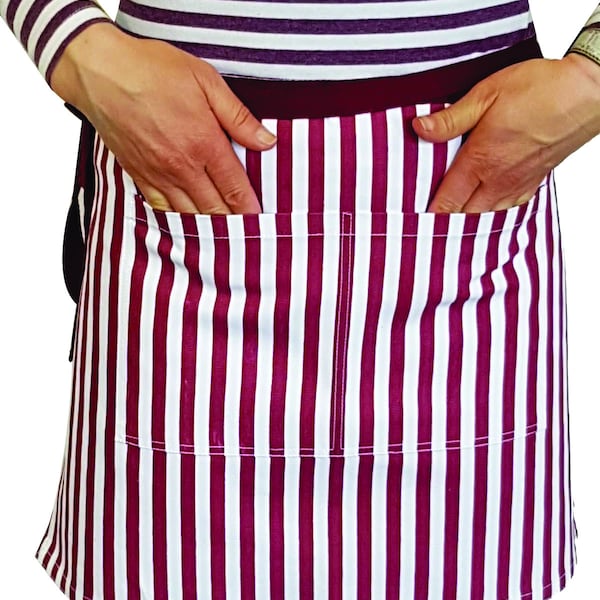 Unisex Bespoke Tailored Canvas Half Length Pink and White Stripes down for Ladies Apron