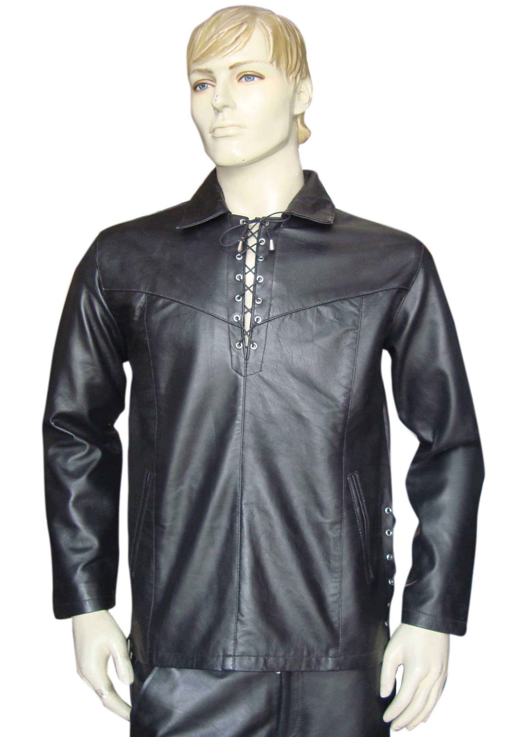 Image of Leather Shirt With Lace Up Style Custom - Sheep Nappa Made To Order Bsh209