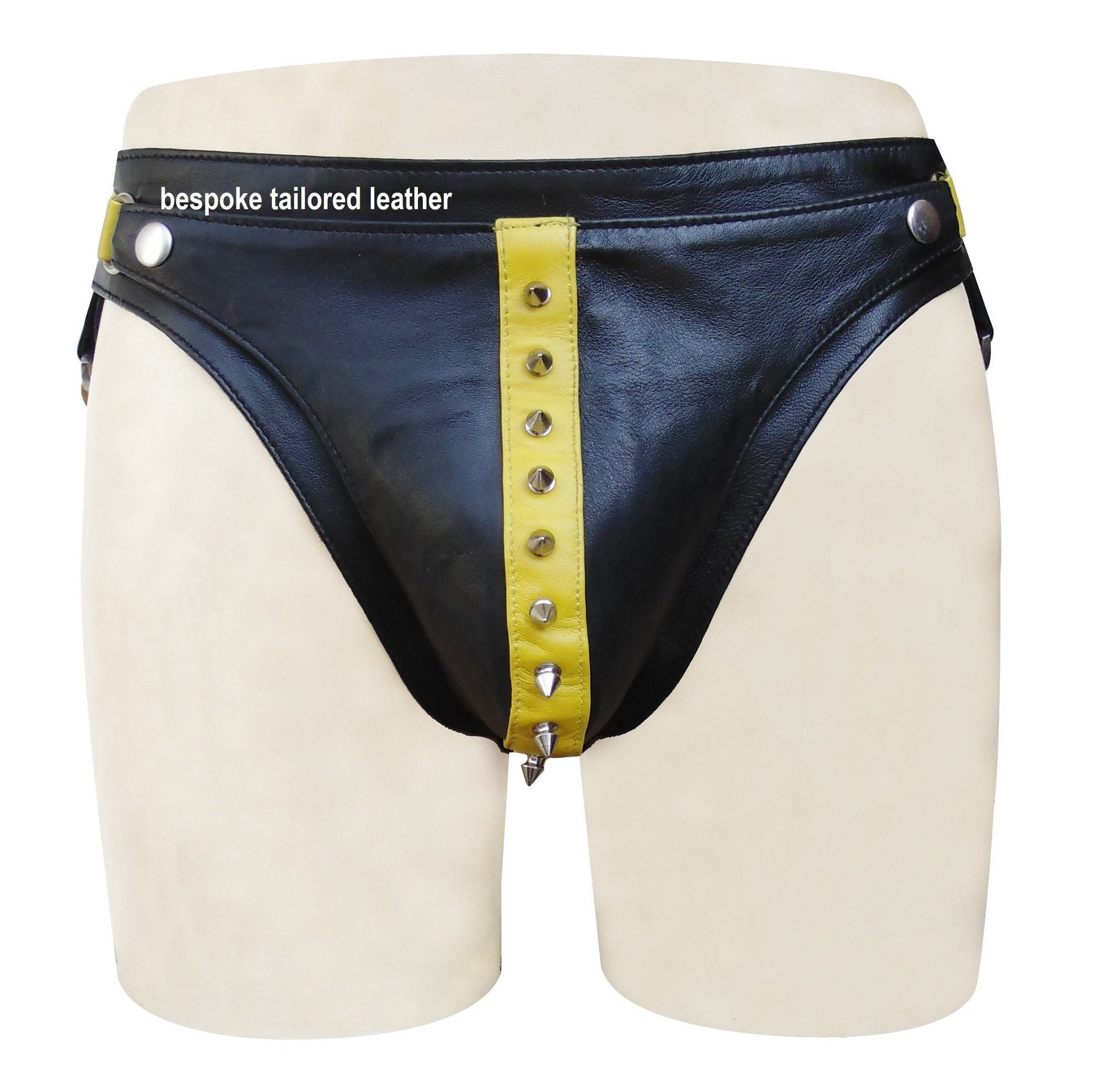 Image of Black With Yellow Leather Jocks/Thong With Metal Stud Custom Made To Order No - Jo-059
