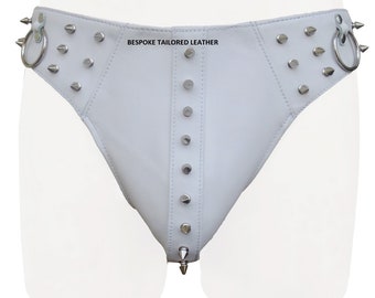 WHITE Leather Jocks/Thong With Metal Stud Custom Made To Order JO-081