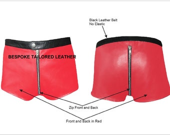 Men's Red Leather Shorts with Zip Front and Black.