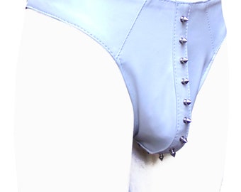 Men's White Leather Jocks/Thong With Metal Stud Custom Made To Order BTLN005