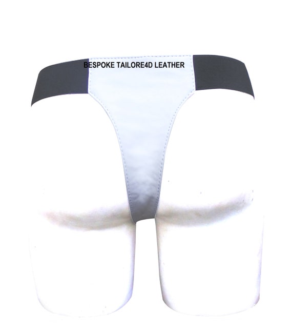 WHITE Leather JocksThong With Metal Stud Custom Made To Order BTLN005
