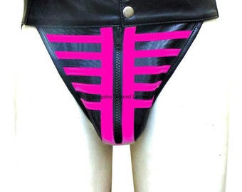 MEN'S Leather Jocks With Pink Colour Stripes Custom Made To Order JO-018