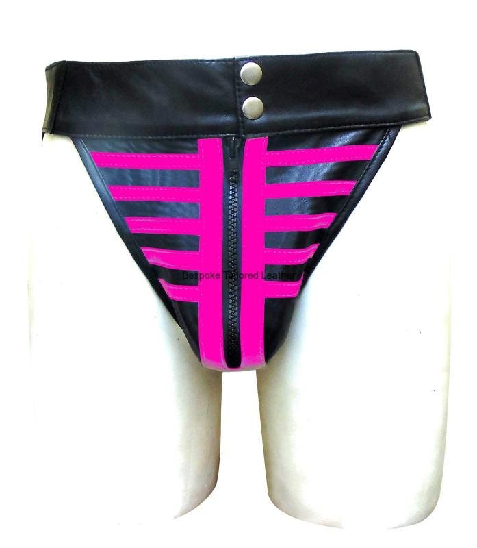Image of Leather Jocks With Pink Colour Stripes Custom Made To Order Jo-018