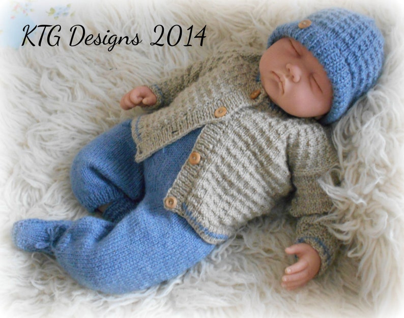 Designer DK Knitting Pattern Baby Boys Cardigan, Trousers, Hat and