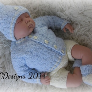 Knitting pattern to knit baby boys cardigan hat bootees pram set 0-3m or 22" reborn doll pdf