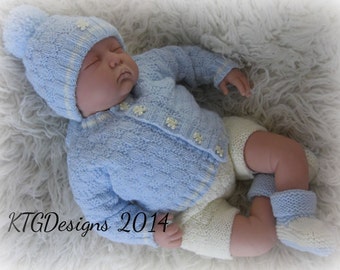 Knitting pattern to knit baby boys cardigan hat bootees pram set 0-3m or 22" reborn doll pdf
