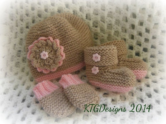Baby dk knitting pattern to knit girls flower hat mitts and booties set easy
