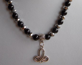 Black Beaded Charm Necklace, Tibetan Silver Swirl Charm