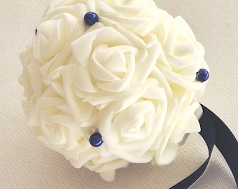 3&quot; - 7 &quot; Navy and White or Ivory Wedding Pomander, Wedding Flower Balls, Flower Girl Kissing Ball,  Bouquet Alternative