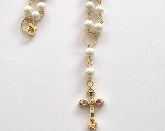 Gemmed Gold Cross Car Charm, Pearl Beaded Rear View Mirror Decoration