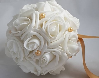 Creamy White or Ivory and Champagne  Gold Wedding Pomander, Wedding Flower Balls, Flower Girl Kissing Ball,  Bouquet Alternative