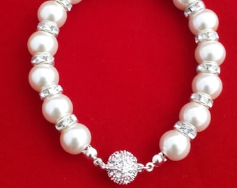 Pearl Bracelet, Rhinestone Wedding Jewelry, Magnetic Clasp