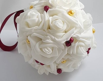Burgundy and Gold Wedding Pomander, Wedding Flower Balls, Flower Girl Kissing Ball,  Bouquet Alternative