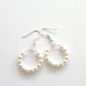 Ivory or White Glass Pearl Beaded Hoop Earrings, 25mm wide, 45mm drop