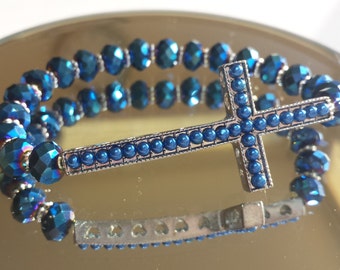 Blue Beaded Elasticated Cross Bracelet.