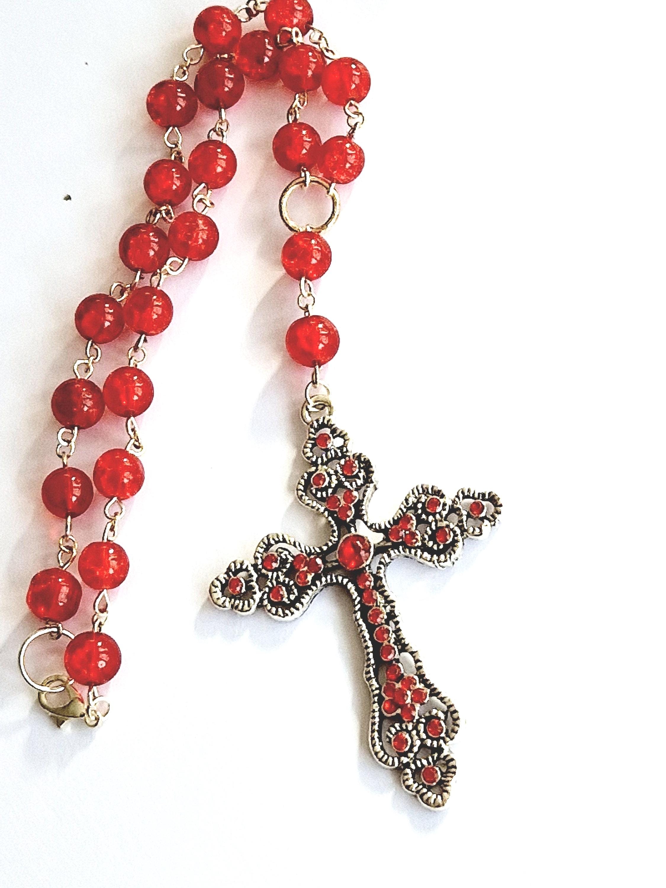 Large Red and Gold Crystal Cross Rear View Mirror Charm 25.5 cm overall length