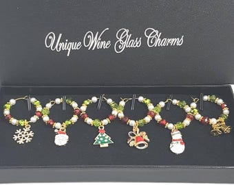 Christmas Wine Glass Charms, Festive Holiday Drink Markers, Set of 6 or 4 With Various Finishes